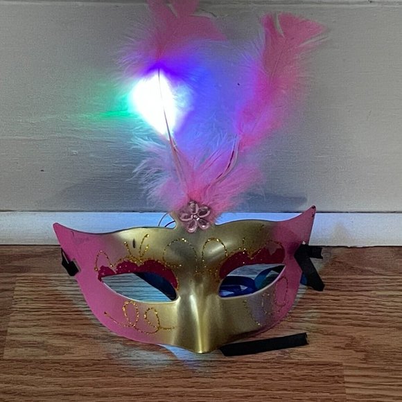 Light Up Mask Pink Faux Feather Party Mask Women Masquerade Eye Mask - Picture 3 of 11
